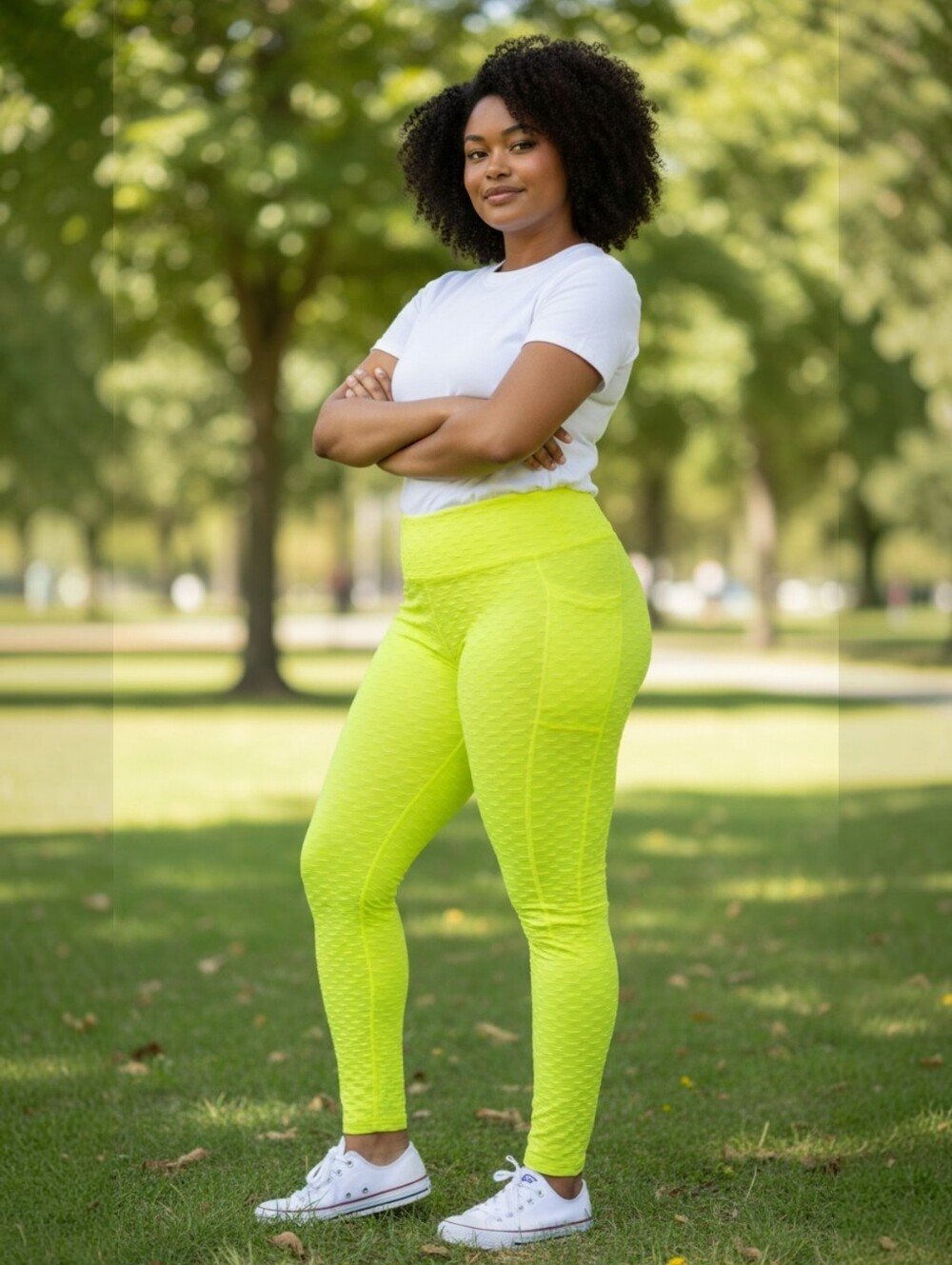 High-Waist Textured Leggings in Neon Yellow   with Side Pockets for easy access.